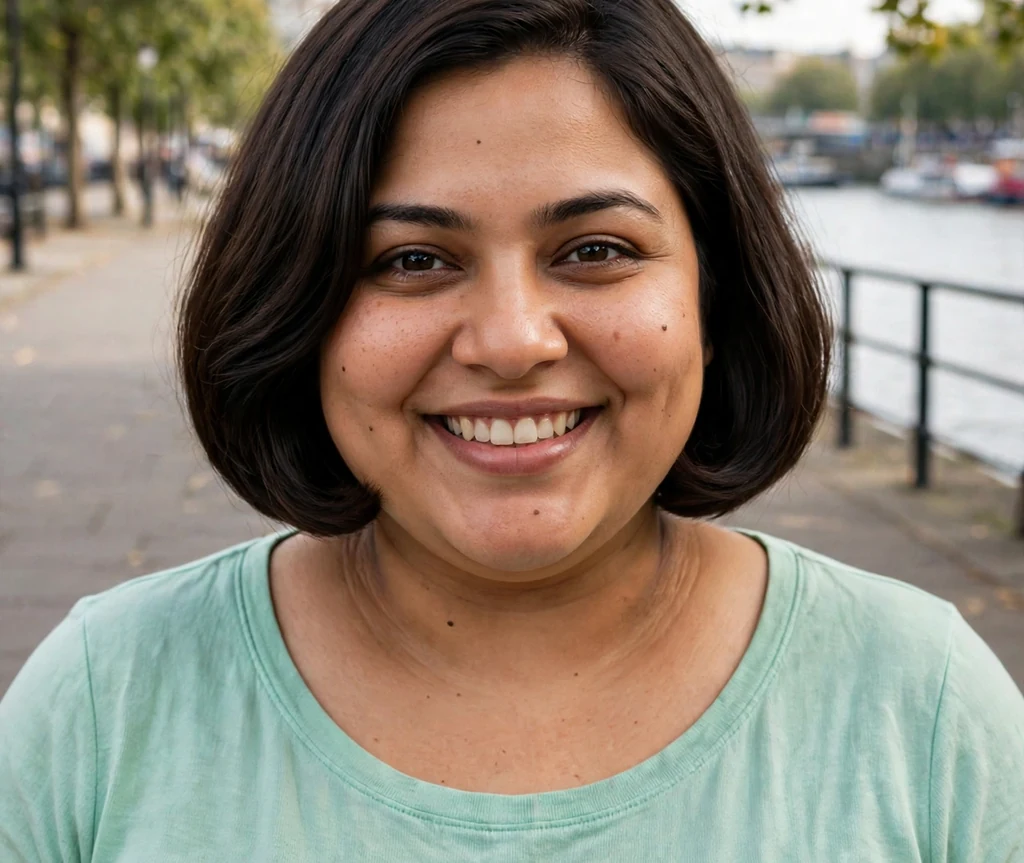 Plus-size South Asian woman with a dark brown rounded bob and mint green top by a riverside