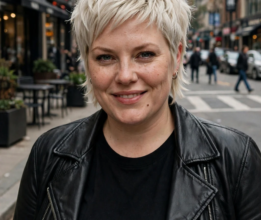 Plus-size woman with a platinum blonde pixie-bob and black leather jacket on a city street