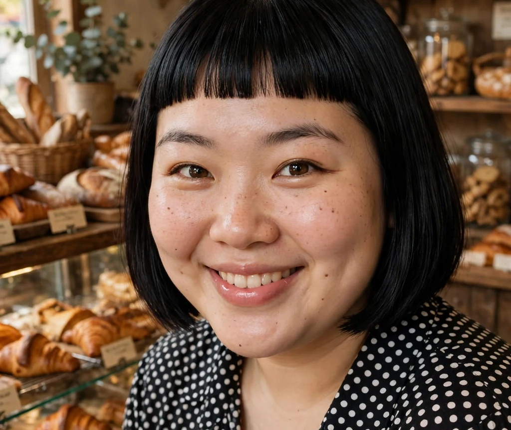 Plus-size East Asian woman with a black bob with micro bangs and polka-dot blouse in a bakery