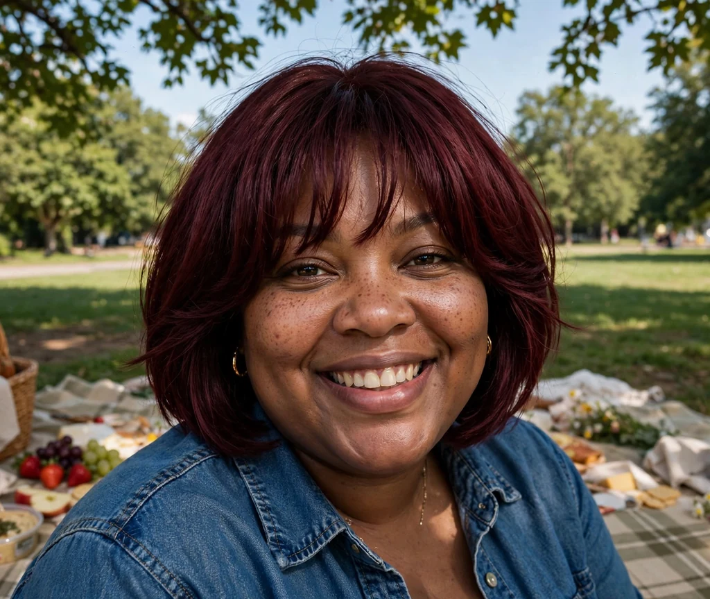 Plus-size Black woman with a burgundy layered bob with wispy bangs and denim shirt at a picnic