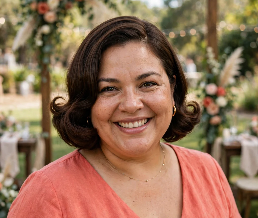 Plus-size Latina woman with a chocolate brown bob with curled-out ends and coral dress at a wedding venue