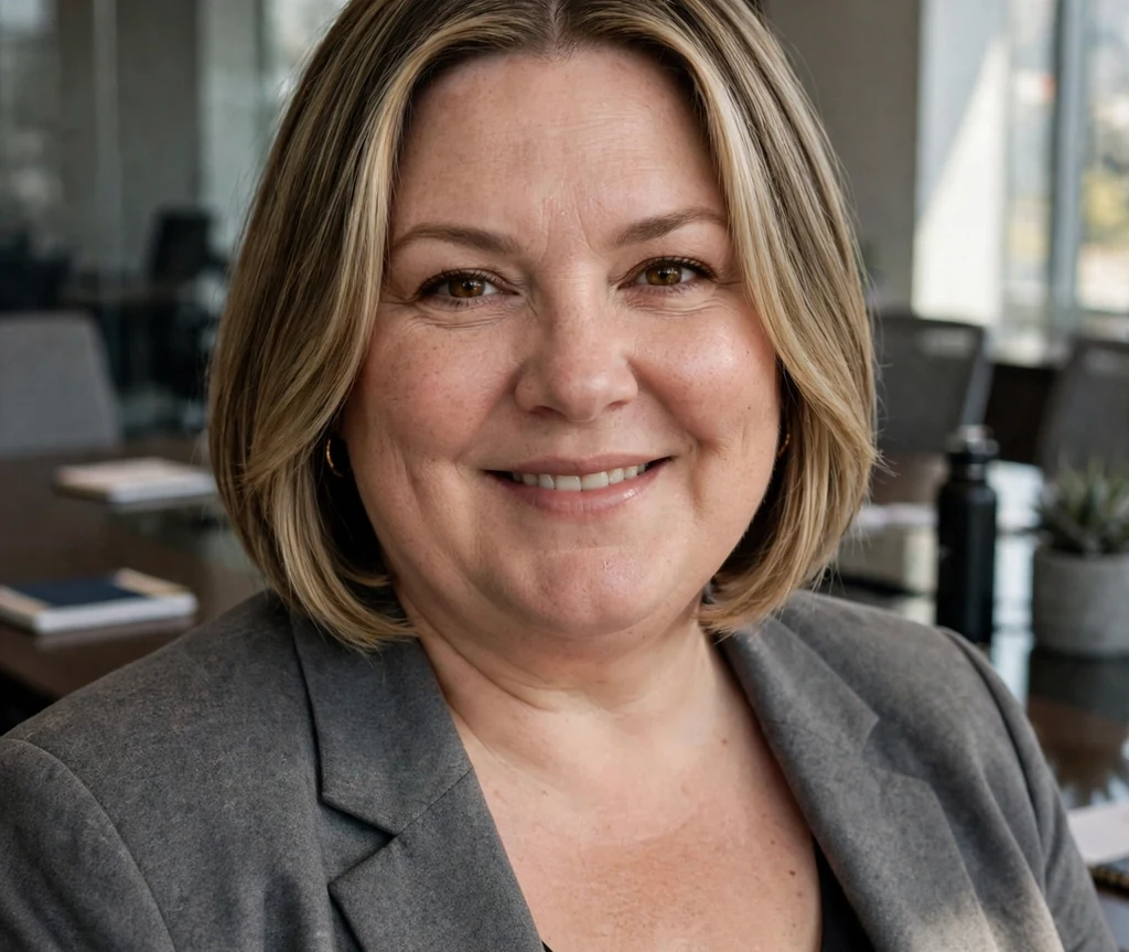 Plus-size woman with a dark blonde middle-parted bob and gray blazer in a conference room