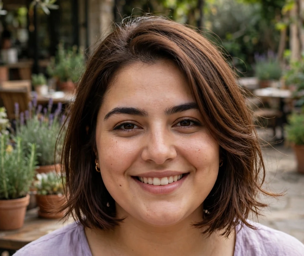 Plus-size Middle Eastern woman with a chestnut bob with wispy ends and lavender top at a garden café