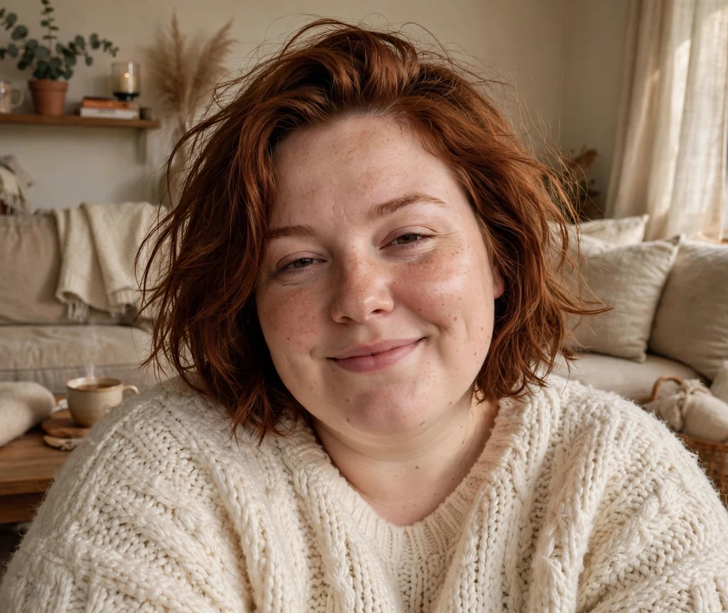 Plus-size woman with an auburn messy bedhead bob and cream knit sweater at home