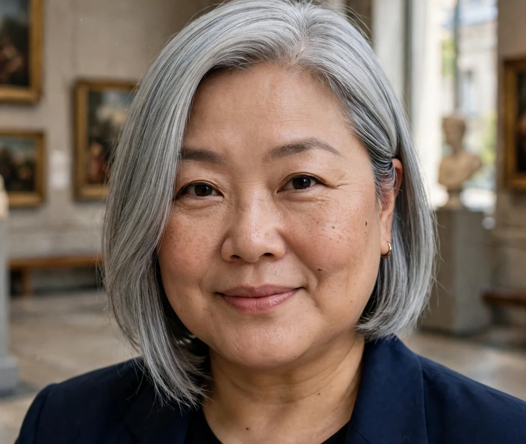 Plus-size East Asian woman with a silver bob tucked behind one ear and navy blazer in a museum