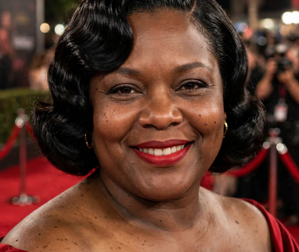 Plus-size Black woman with a jet black old-Hollywood wavy bob and red evening gown at an event
