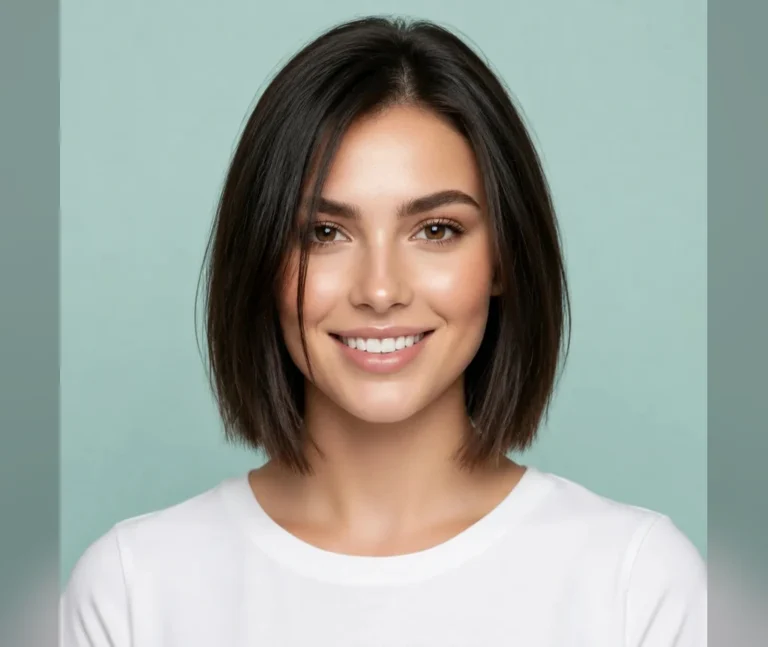 Chic chin-length short bob on a woman in a white blouse outside a cafe
