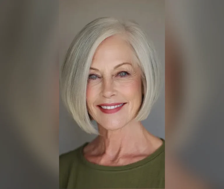 Elegant chin-length bob on a woman over 60 with fine silver-gray hair
