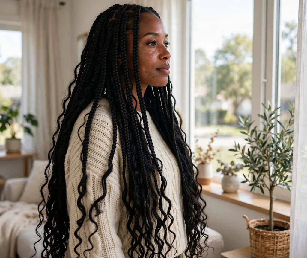 Black woman with classic waist-length black boho braids by a bright window