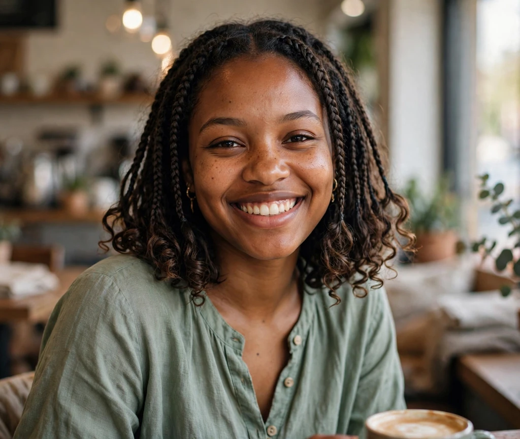 Black woman with a shoulder-length boho braid bob at a coffee shop
