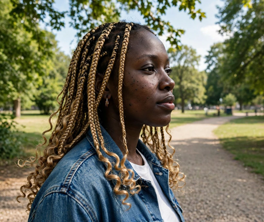 Black woman with honey-blonde mid-back boho braids on a sunny park path