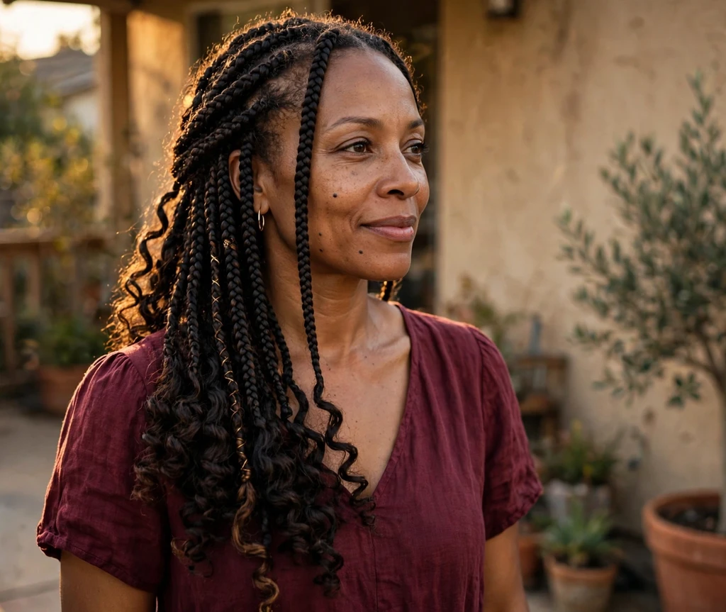 Black woman with goddess boho braids and big defined curly ends on a patio