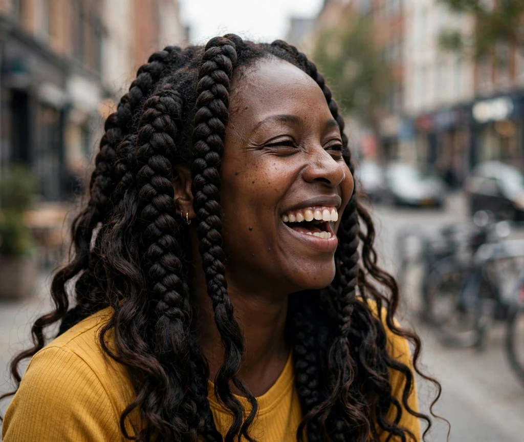 Black woman with thick jumbo boho braids with wavy ends on a city street