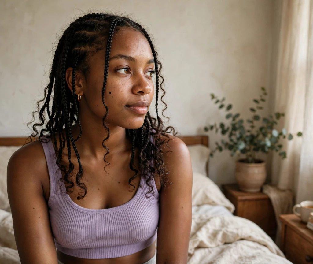 Black woman with small knotless boho braids with wispy curly ends in a bedroom