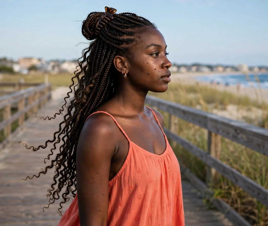 Black woman with half-up boho braids and flowing curly ends on a boardwalk