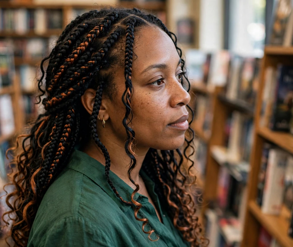 Black woman with black boho braids and copper highlights in a bookstore
