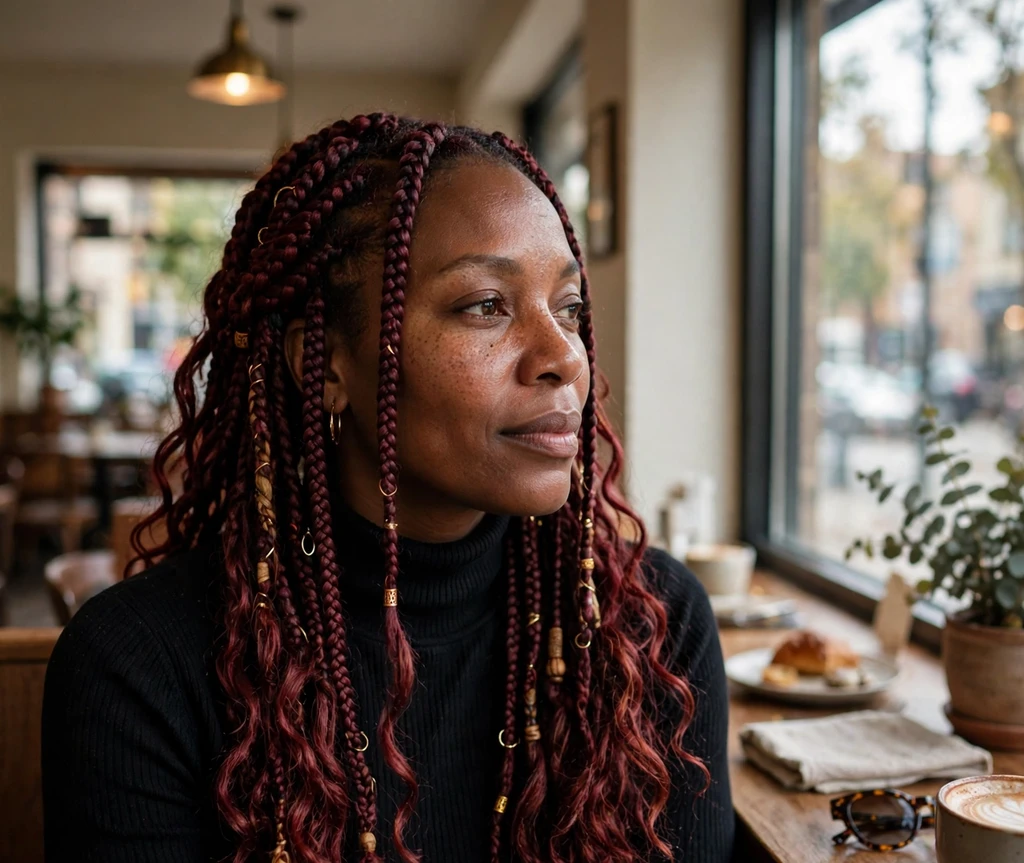 Black woman with deep burgundy boho braids at a cafe window seat