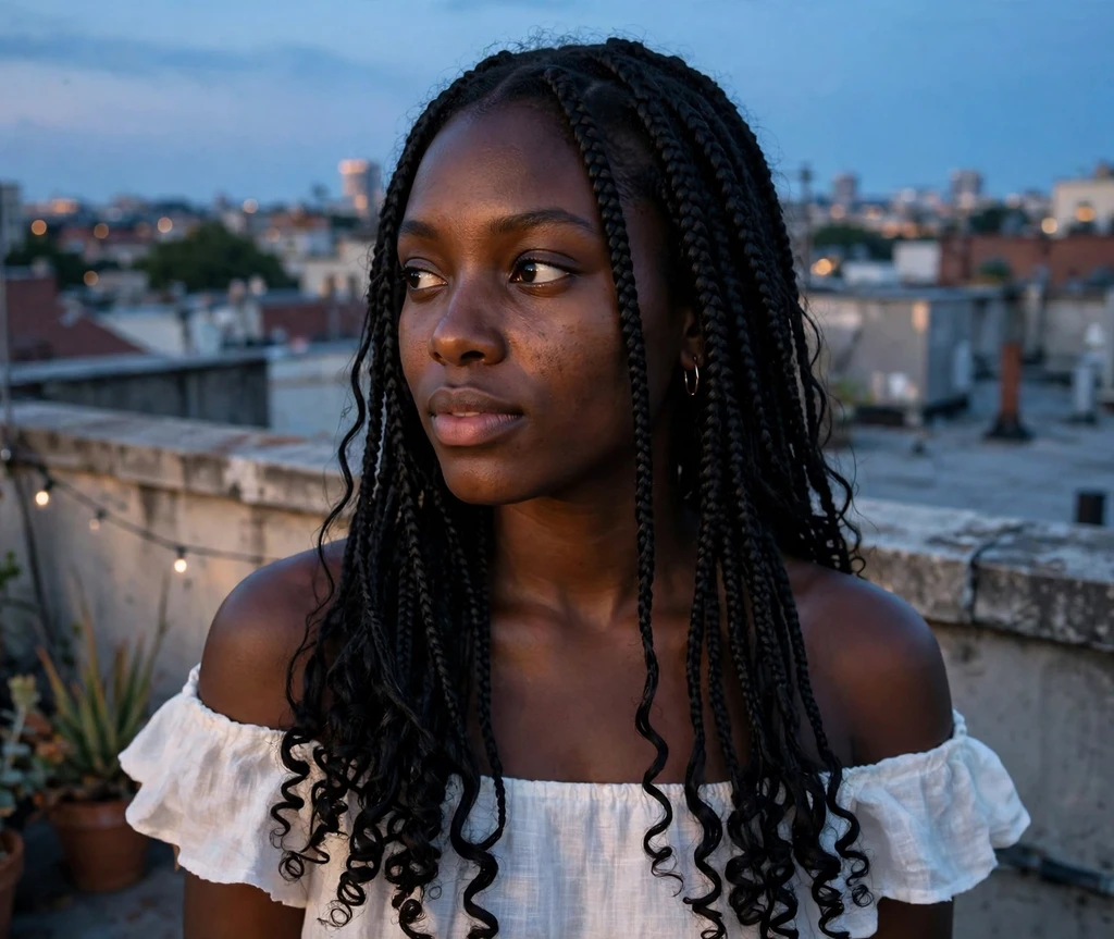 Black woman with jet-black long boho braids and tight curly ends on a rooftop