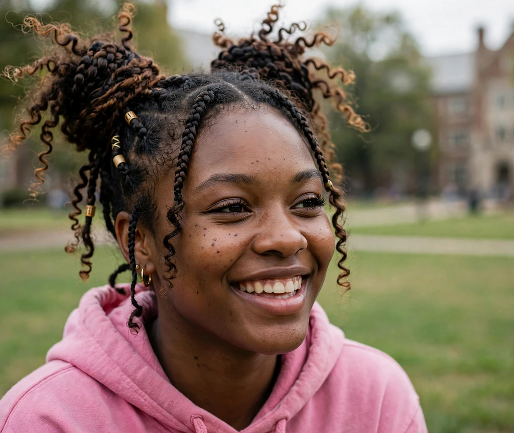 Black woman with boho braids styled into two high space buns on a campus lawn