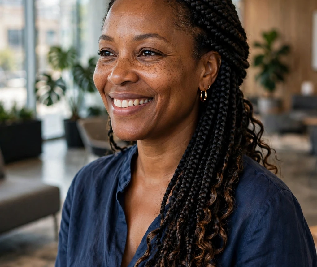 Black woman with long boho braids swept over one shoulder in an office lobby