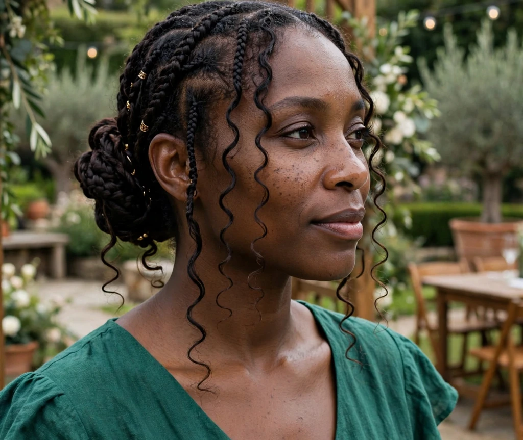 Black woman with boho braids twisted into a low bun with curly tendrils at a wedding