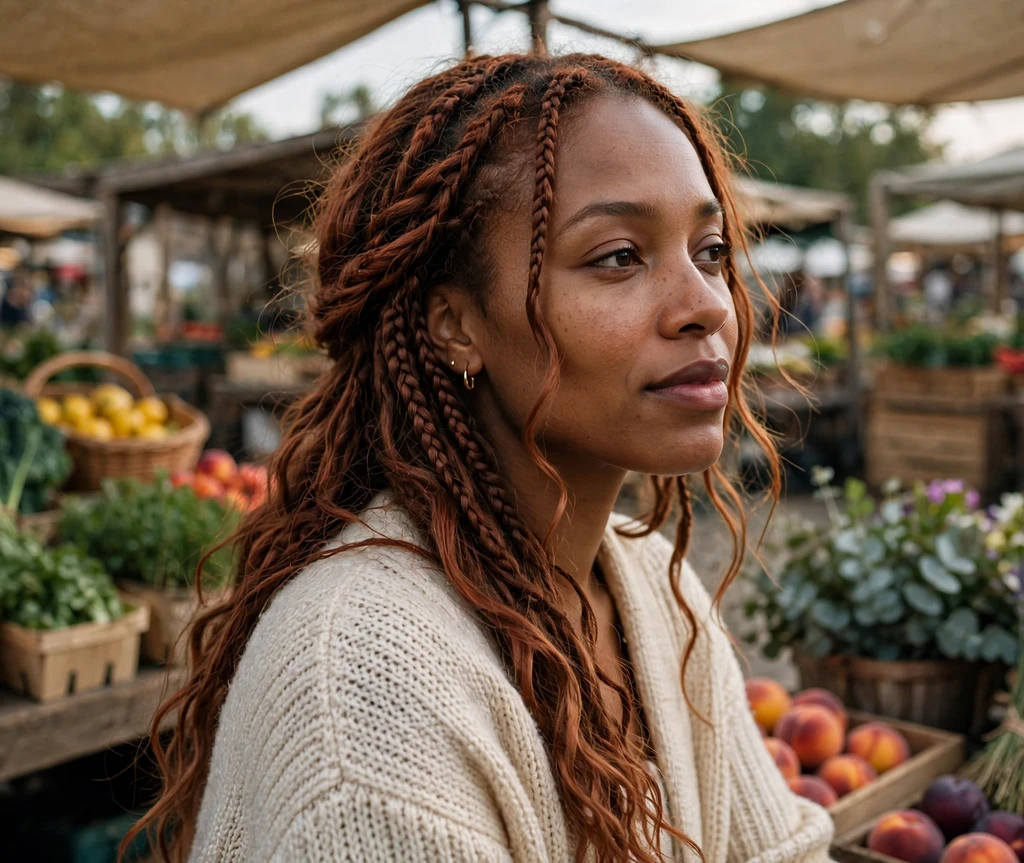 Black woman with auburn-tinted boho braids with wavy ends at a farmers market