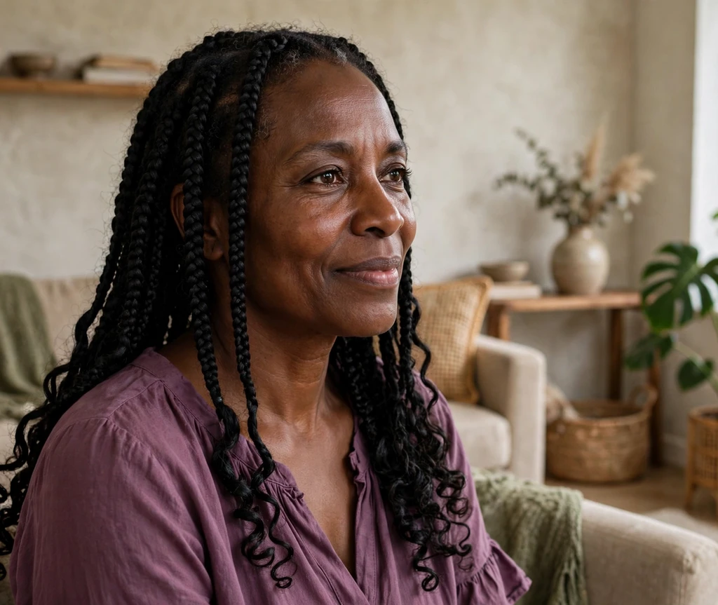 Black woman with mid-back black boho braids with soft curly ends in a living room