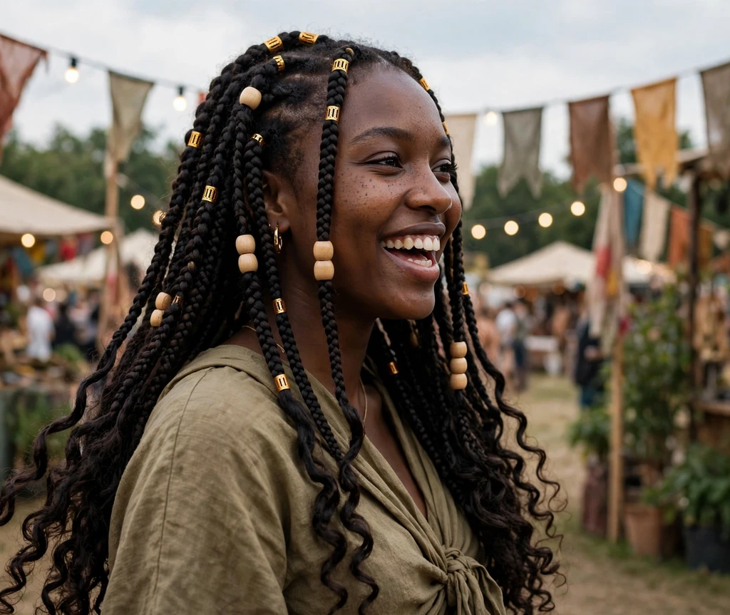 Black woman with beaded boho braids with gold cuffs and curly ends at a festival