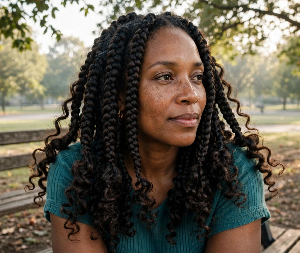 Black woman with chunky medium boho braids with full curly ends on a park bench