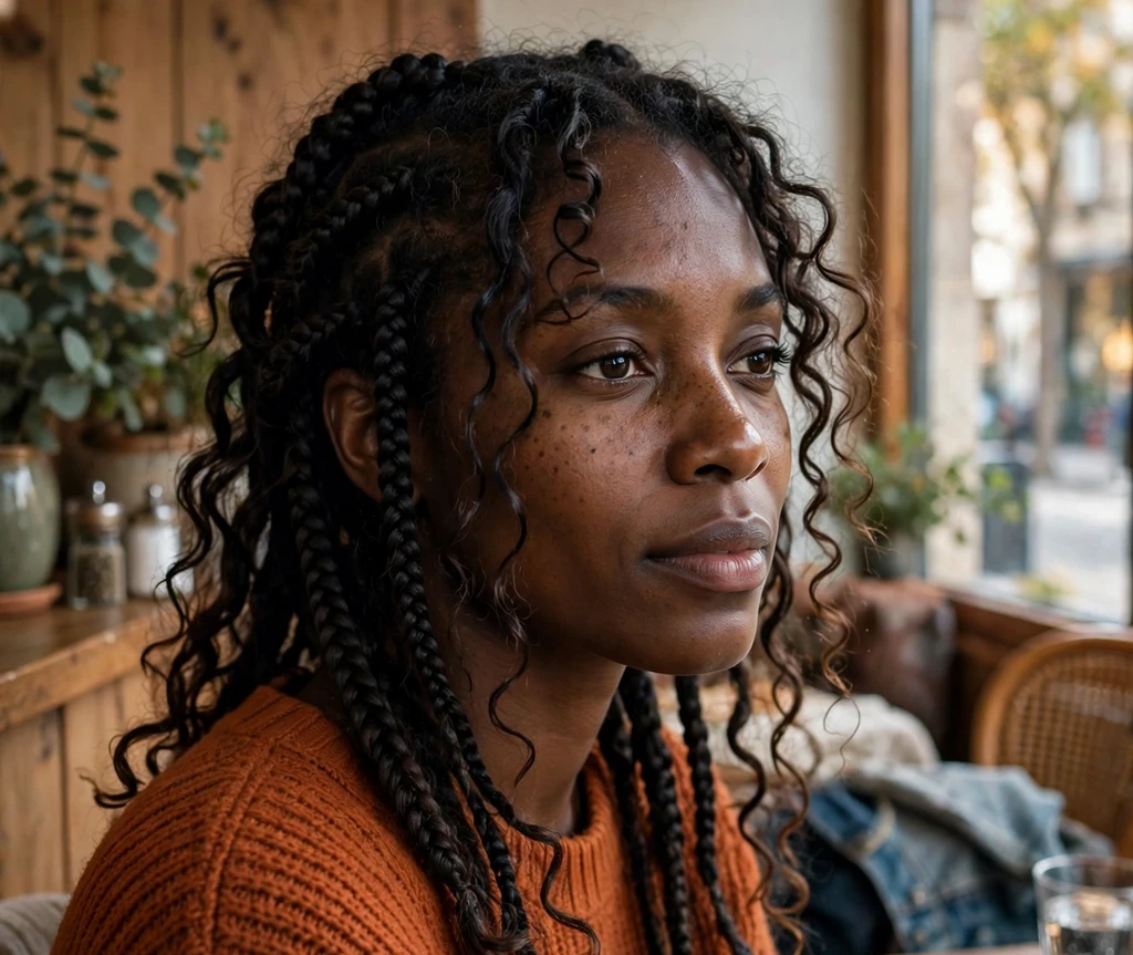 Black woman with boho braids and loose curls framing her face in a cafe