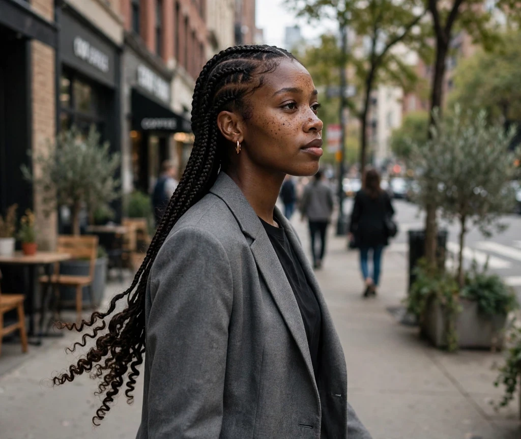 Black woman with sleek middle-part boho braids with defined curly ends on a city sidewalk