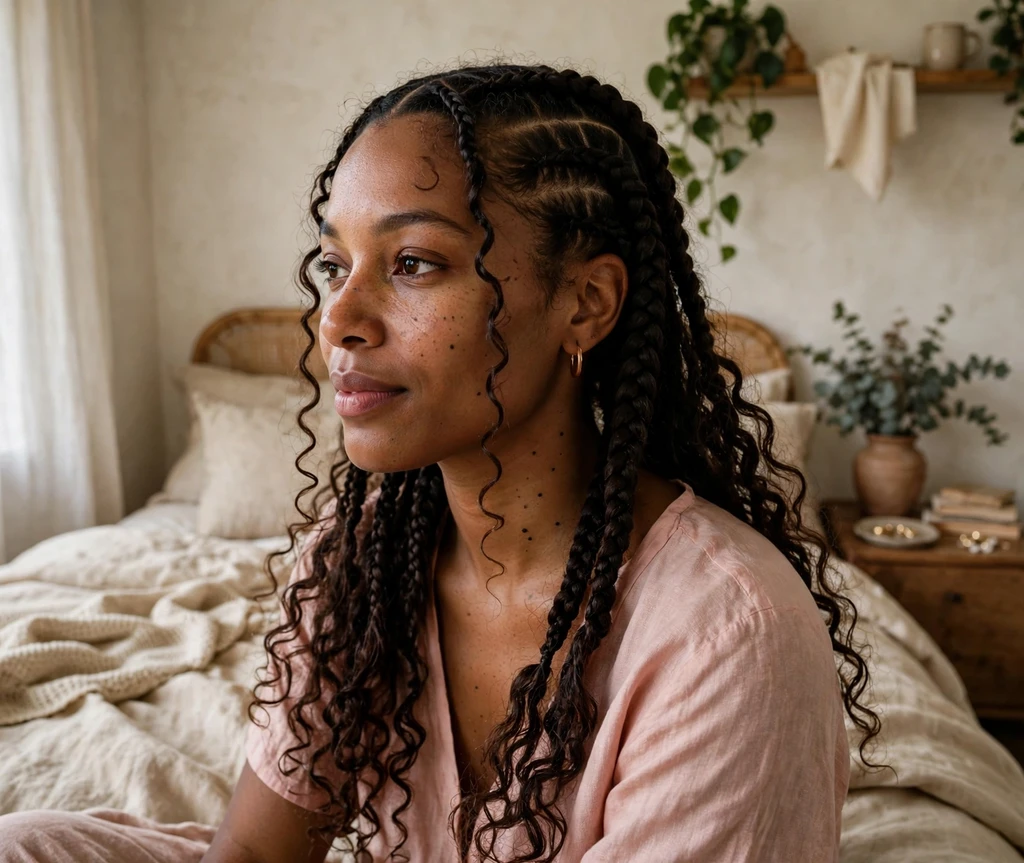 Black woman with deep side-part boho braids with cascading curls in a bedroom