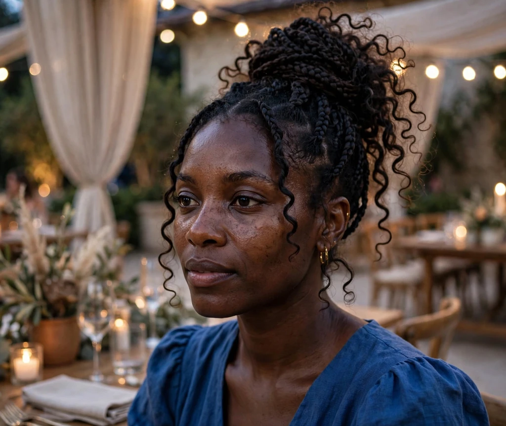 Black woman with boho braids piled into a high bun with curly ends at an evening event