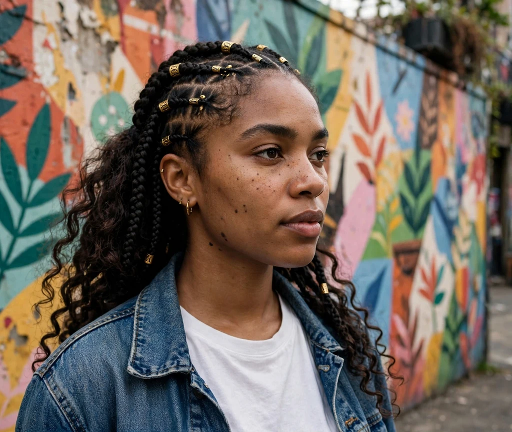 Black woman with Fulani-style cornrows and boho braids with curly ends by a street mural