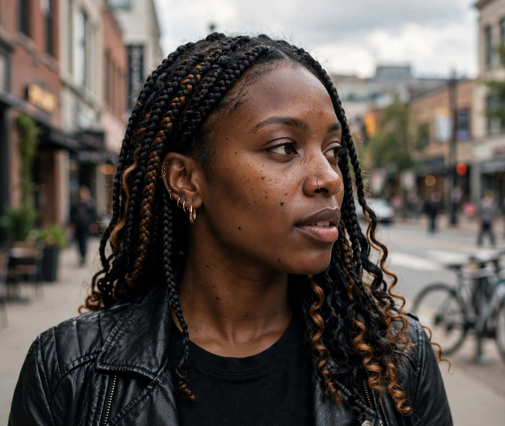 Black woman with black boho braids with hidden caramel peekaboo strands downtown