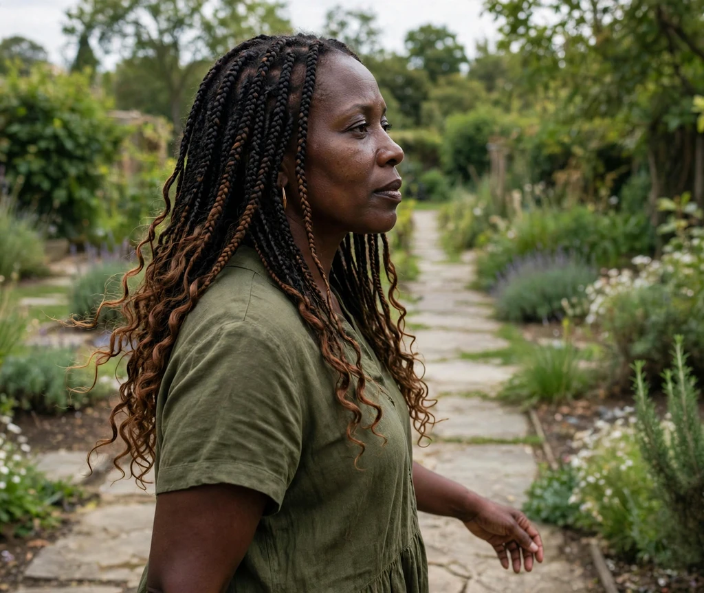 Black woman with black-to-caramel ombre boho braids with loose curls on a garden path