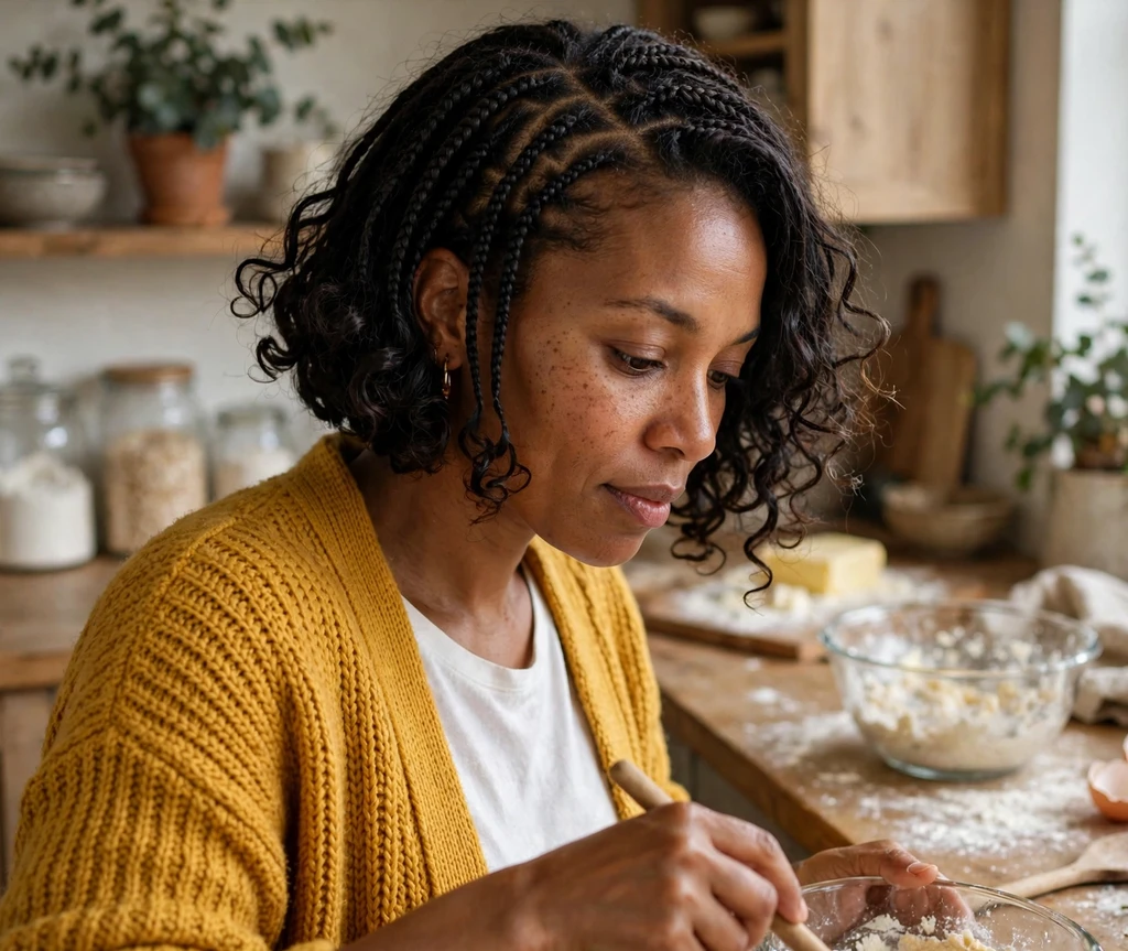Black woman with a short boho bob with bouncy curly ends in a kitchen