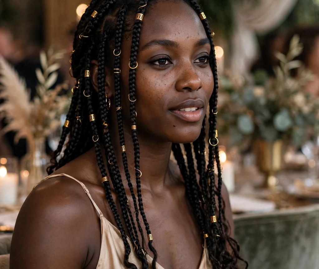 Black woman with long boho braids with gold hair cuffs and rings at an elegant event