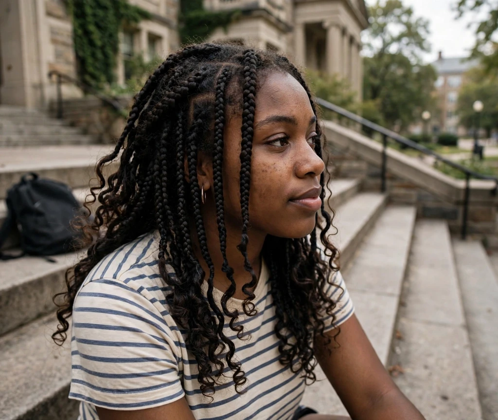 Black woman with boho braids in staggered layered lengths with curls on library steps
