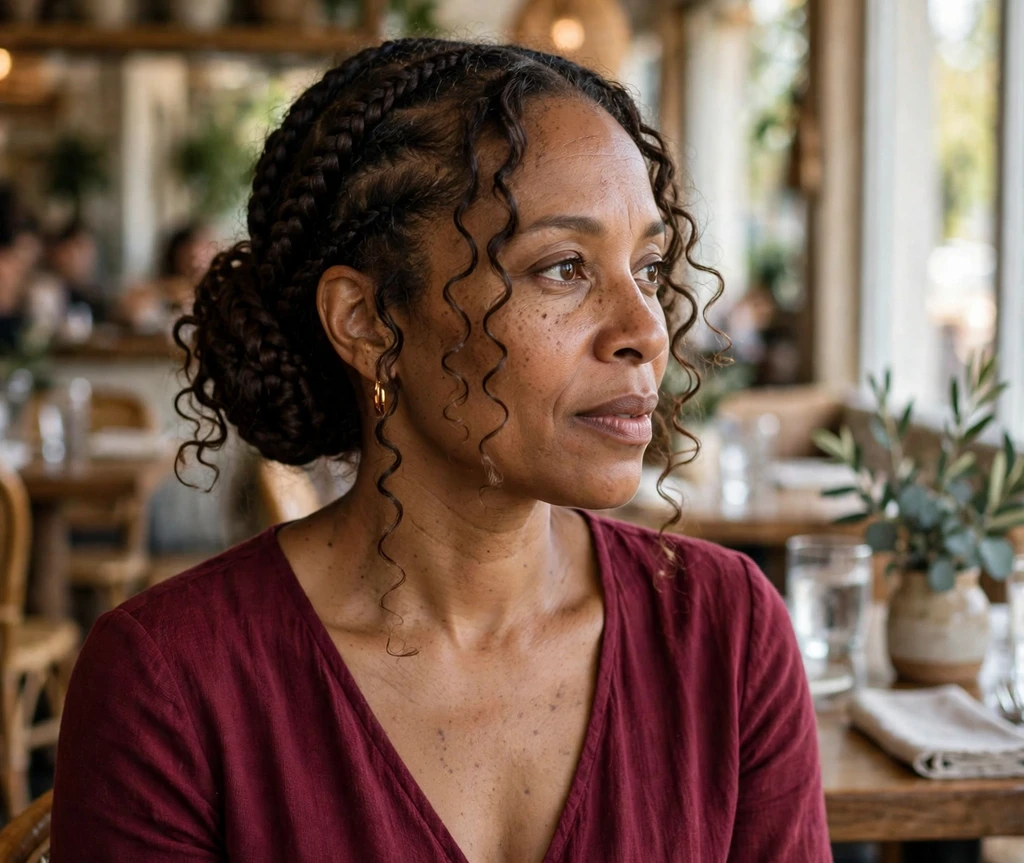 Black woman with boho braids wrapped into a low chignon with curly tendrils in a restaurant