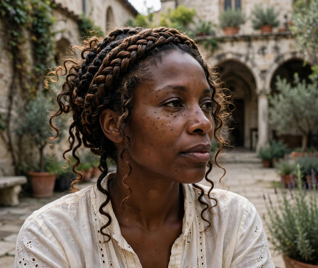 Black woman with boho braids arranged as a crown updo with loose curls in a courtyard
