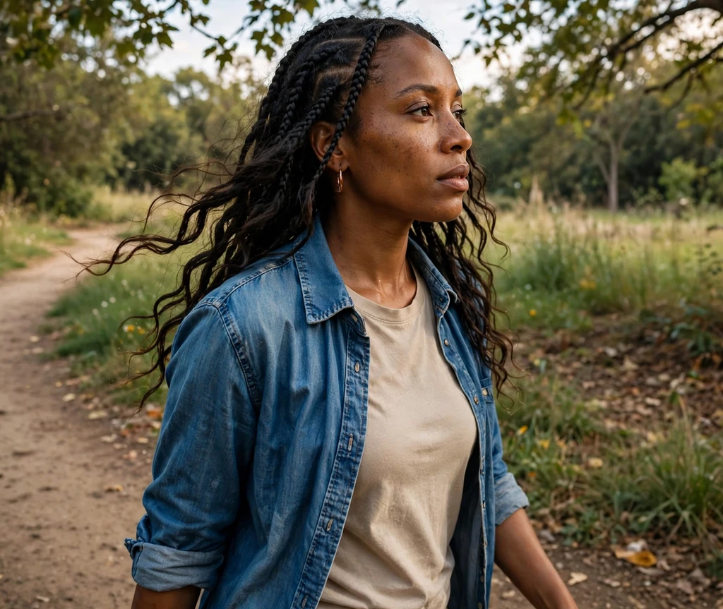 Black woman with boho braids with extra-loose wavy ends on a park trail