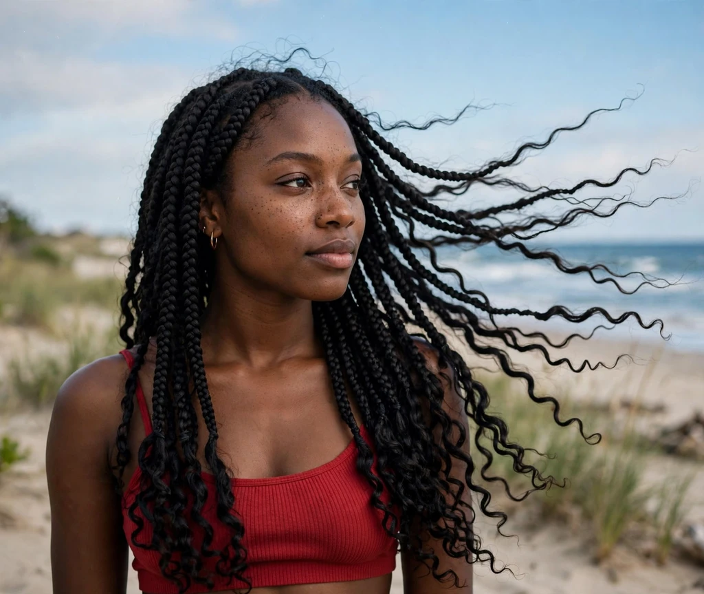 Black woman with hip-length jet-black boho braids with curly ends at the beach