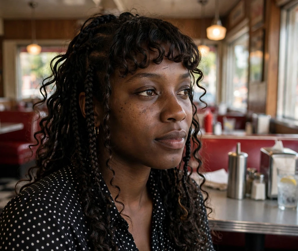 Black woman with boho braids and a curly bang fringe in a retro diner