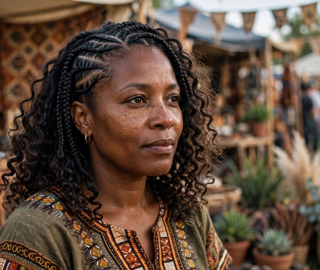 Black woman with tribal-pattern parted boho braids with full curly ends at a festival