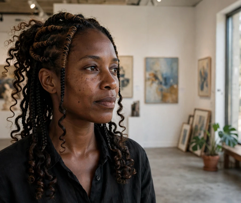 Black woman with wrapped-root boho braids and springy curly ends in an art gallery
