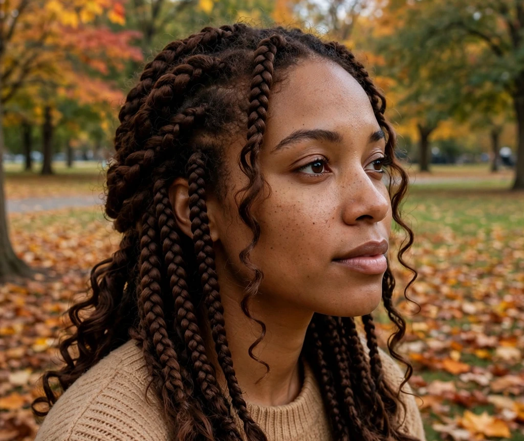 Black woman with rich chocolate-brown boho braids with soft curls in an autumn park