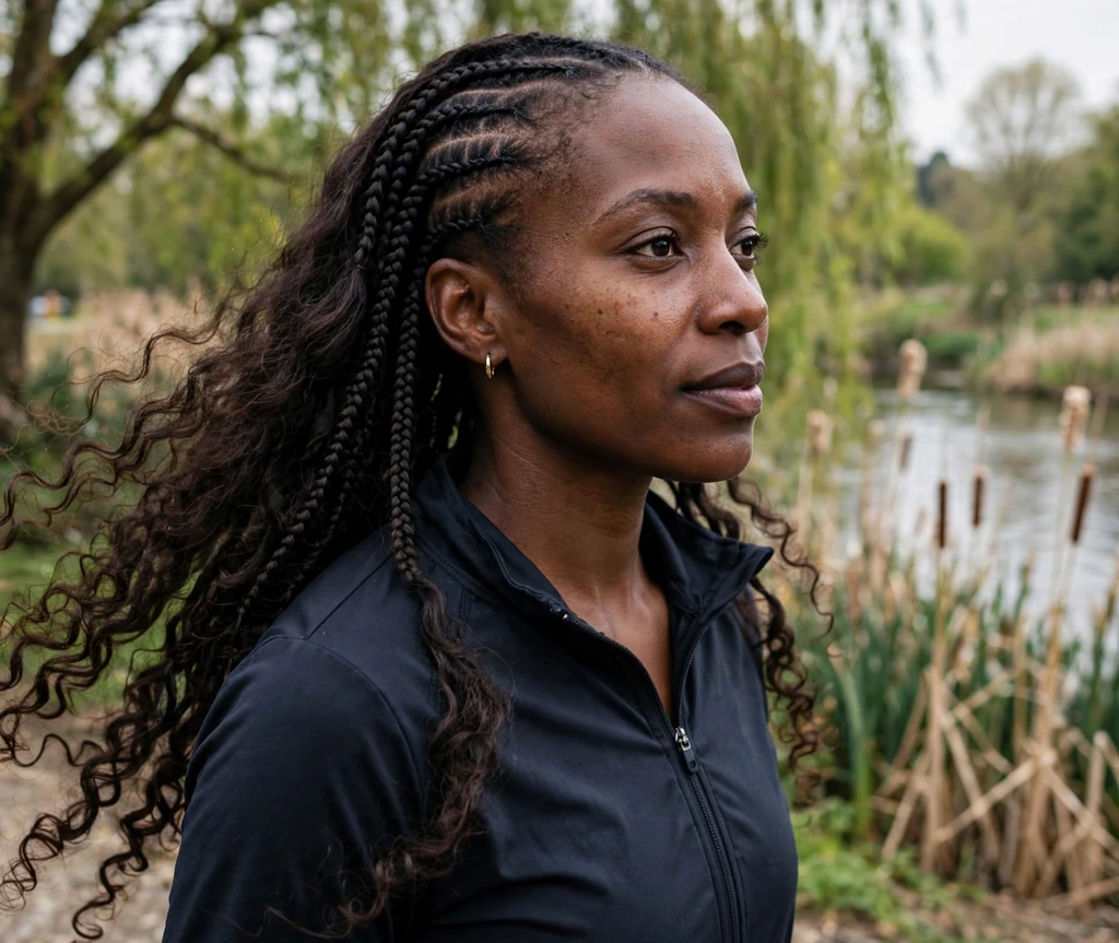 Black woman with side cornrows feeding into boho braids with curly ends on a riverside walk