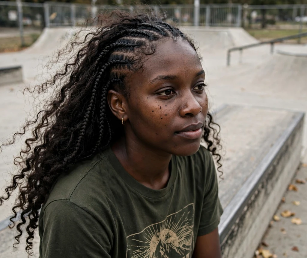 Black woman with front cornrows and flowing back boho braids with curls at a skate park