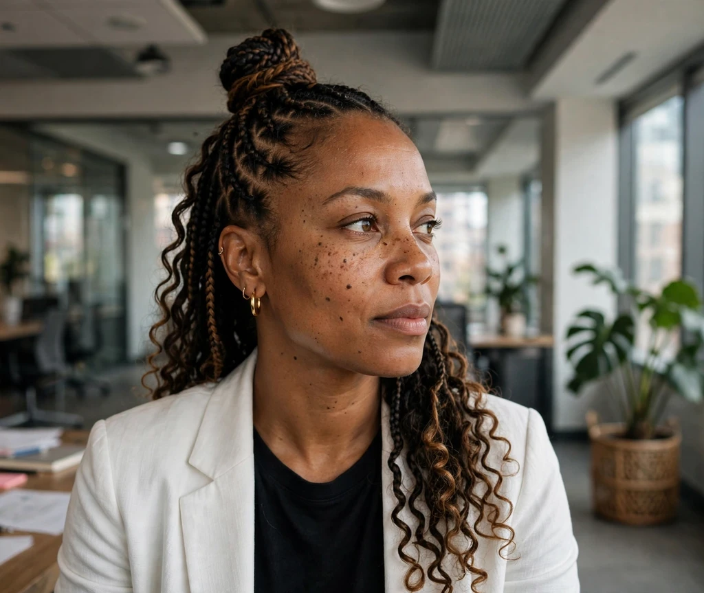 Black woman with boho braids in a sleek top knot with cascading curly ends in an office